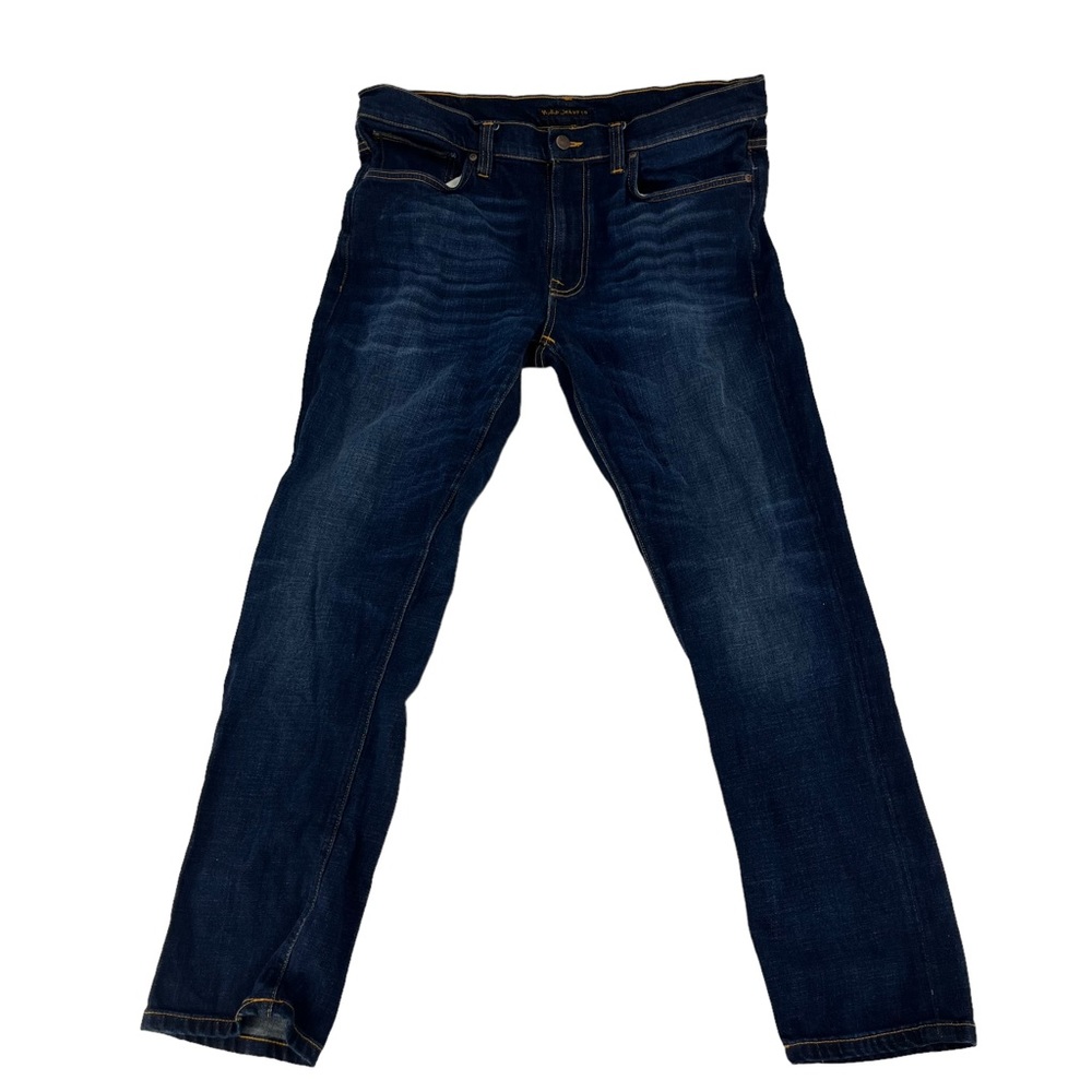 Nudie Jeans Mens 36x30 Blue Dark Wash Deep Worn Whiskers Organic Cotton Denim
